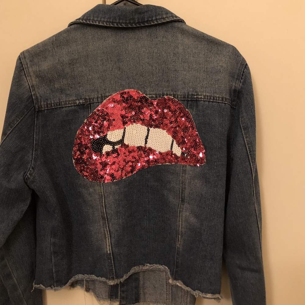 Sequin Lip Bite Denim Jacket Pink